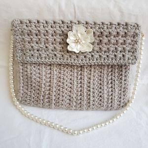 Elegant Crocheted Grey Pearl Purse